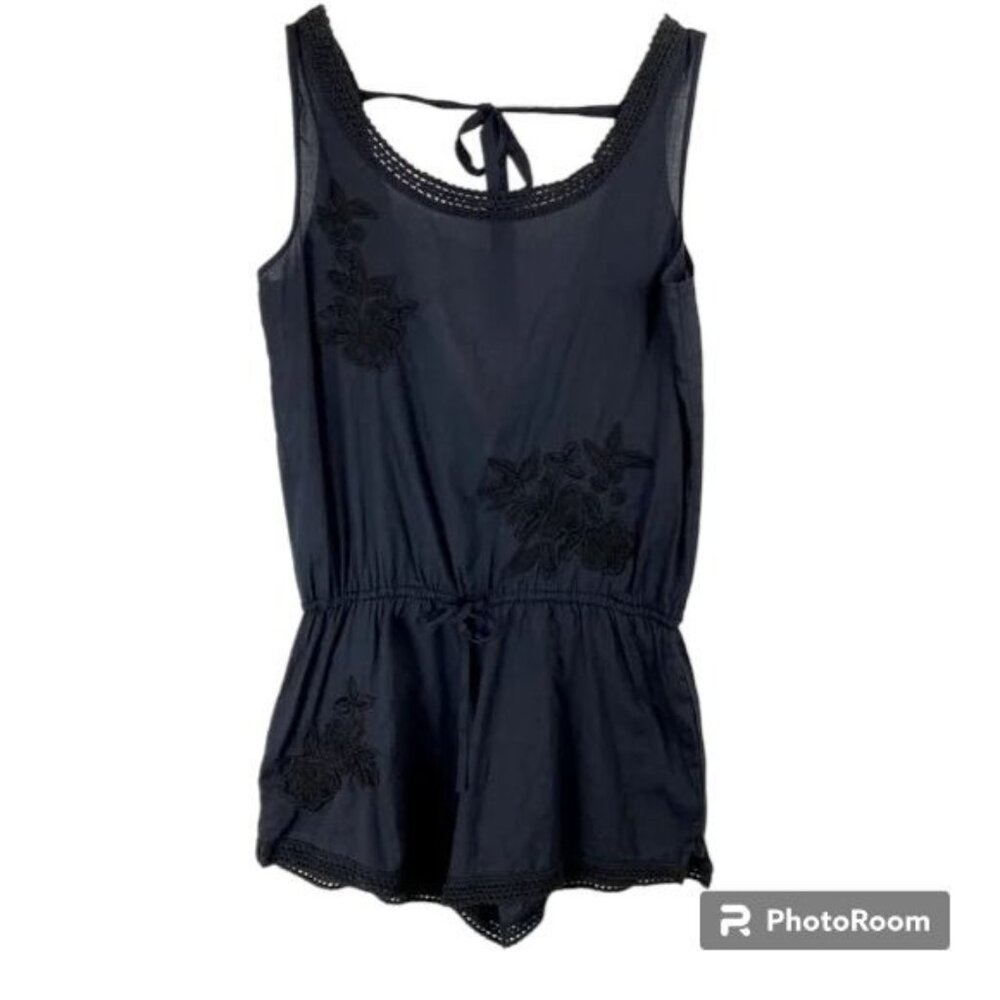 PILYQ Sleeveless Embroidered/Crochet Accent Romper in Dark Blue - Size M
